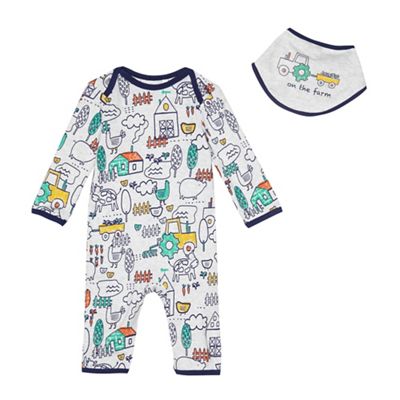 Baby boys' farm print sleepsuit and bib set